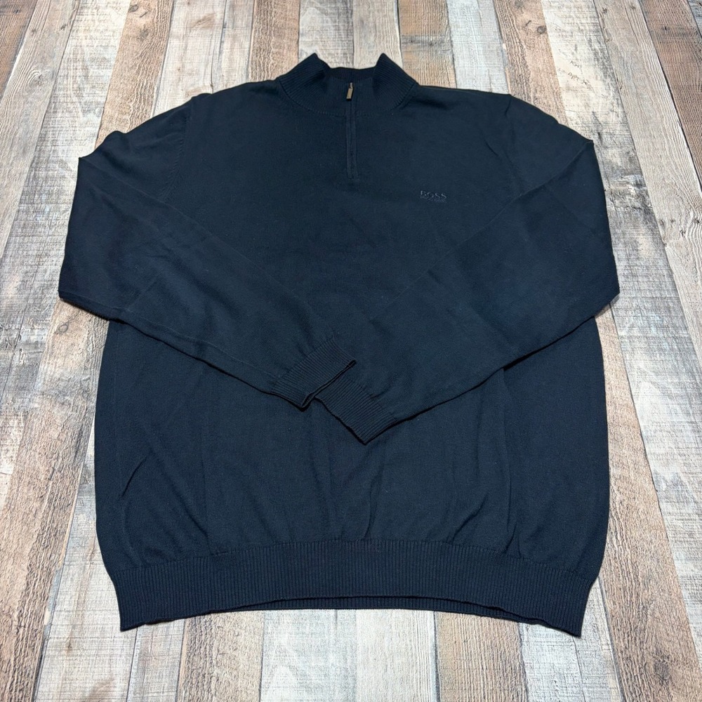 Hugo Boss Sweater Mens XL Black Quarter Zip Italian Yarn Cotton Pullover Regular